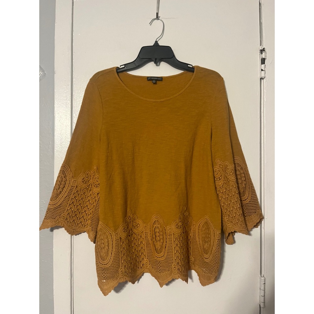 Adrianna Papell Mustard Yellow Crochet Lace Bell Sleeve Cotton Top Medium